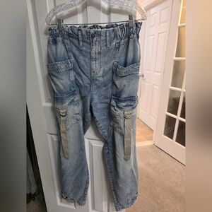 We The Free Light Blue Relaxed Cargo Jeans with Strap Details